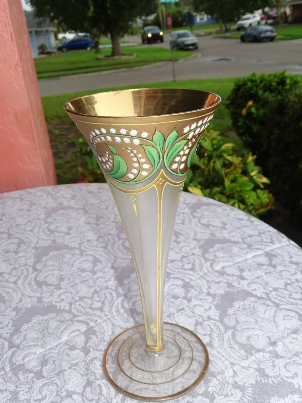 Art Deco Crystal Tall Vase Painted Gold with Lilies of the Valley 10 1/2